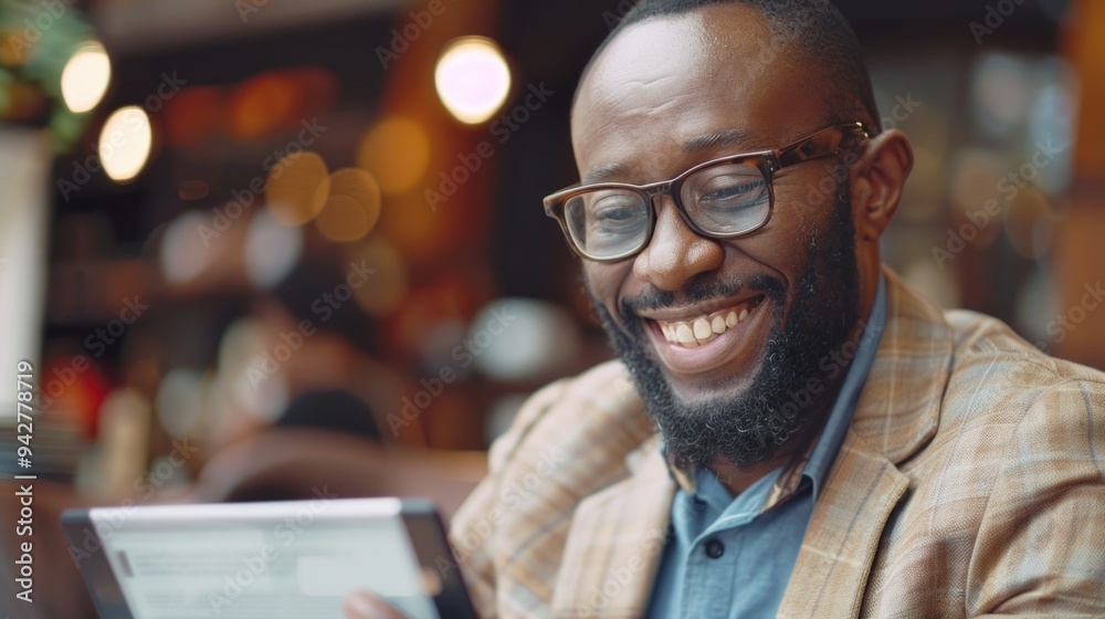 A person smiling while using a tablet, possibly enjoying digital content or communicating with others A person smiling while using a tablet, possibly enjoying digital content or communicating with others