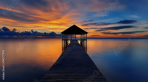 Pier Silhouette at Sunset Over Calm Sea - Tranquil Seascape with Copy Space for Text, Medium Shot Upper Body Portrait