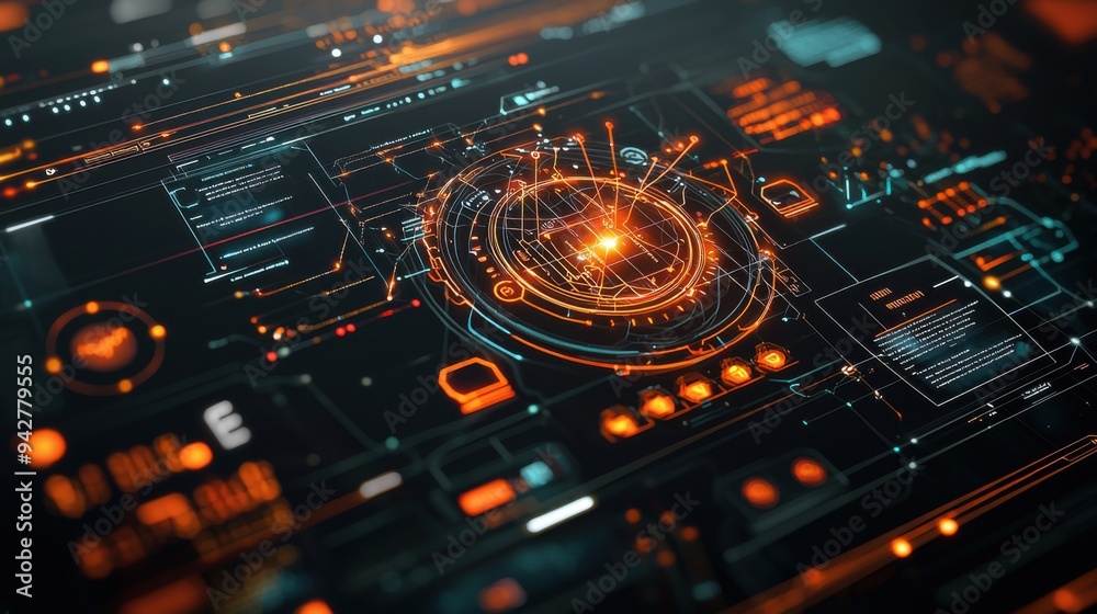 Fototapeta premium A detailed and realistic representation of a blockchain system is interface with numerous layers of data visualization. The scene includes a futuristic control panel with holographic displays,