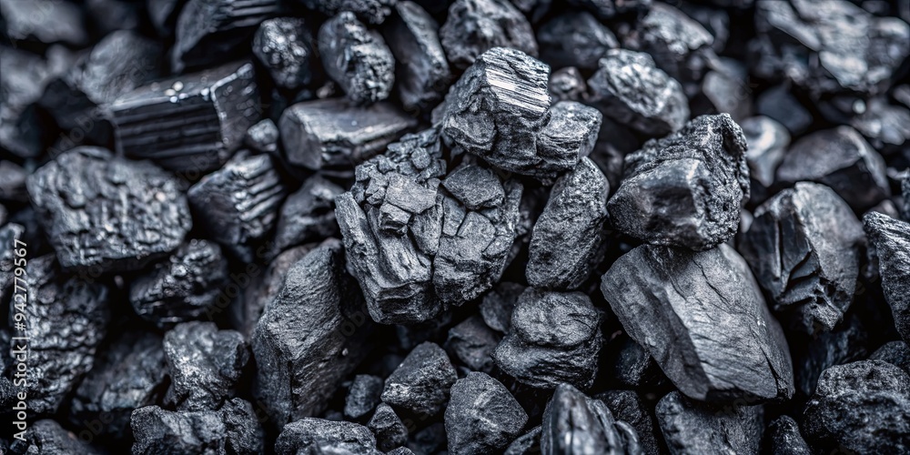 Close up detailed texture of black coal, a natural energy source fuel for power generation and heating