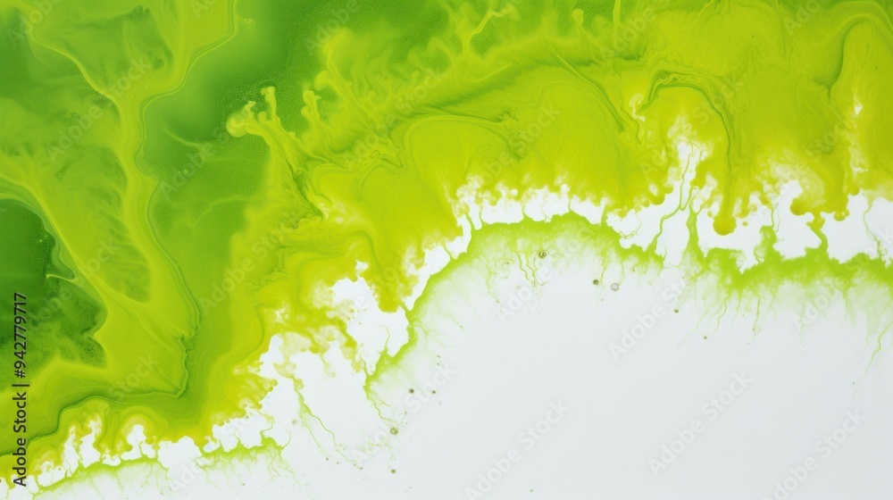 Obraz premium Abstract yellow and green paint splash on white background, an image colored ink poured over a flat surface. Banner with copy space.