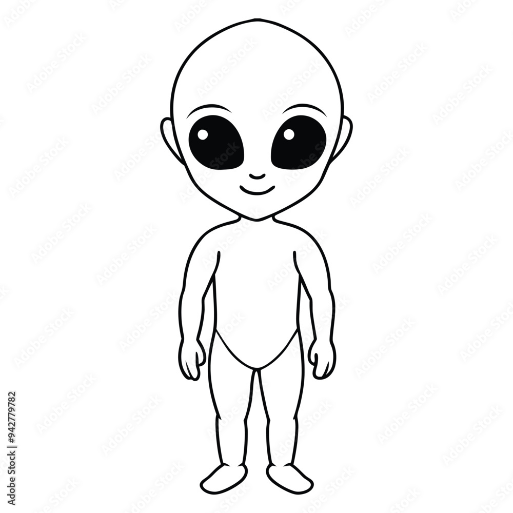 Fototapeta premium Outer Space Outline Design, Space Clipart - Baby Alien Fullbody Illustration in black and white