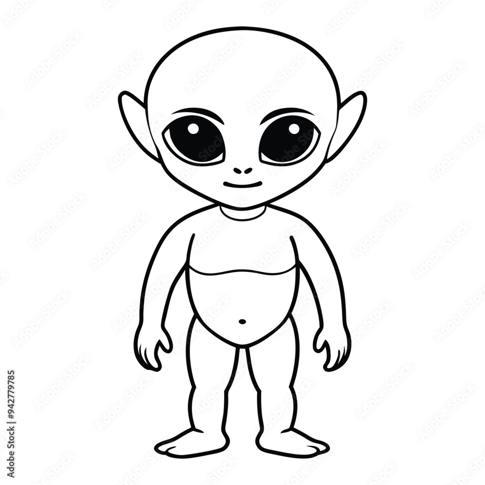 Fototapeta premium Outer Space Outline Design, Space Clipart - Baby Alien Fullbody Illustration in black and white