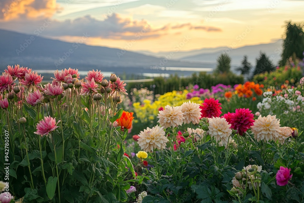 Obraz premium Colorful Dahlia Flowers in a Garden at Sunset