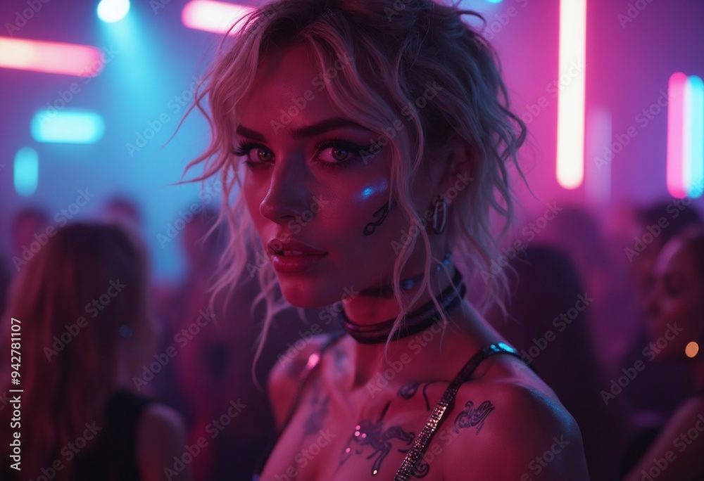 A medium close-up of a charismatic nightclub singer with cybernetic enhancements, on stage A medium close-up of a charismatic nightclub singer with cybernetic enhancements, on stage