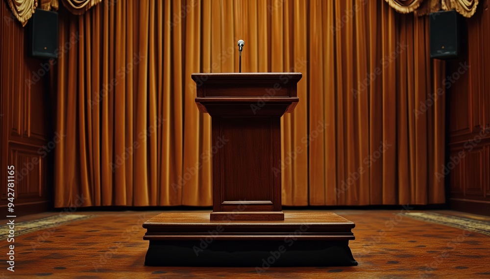 Wooden Podium with Microphone in a Room with Curtains Wooden Podium with Microphone in a Room with Curtains