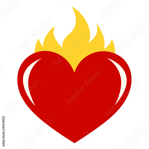 red heart burns brightly with fiery yellow flame, burning love, emotion, passion, intensity
