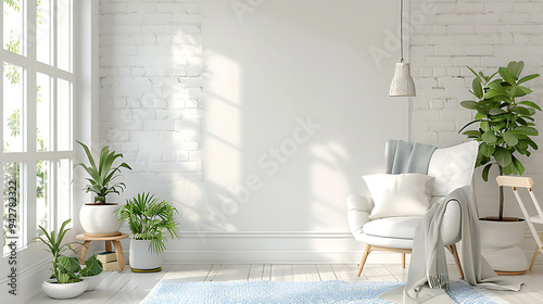 A bright and airy living room with a white armchair and a throw blanket, a potted plant, and a white brick wall.