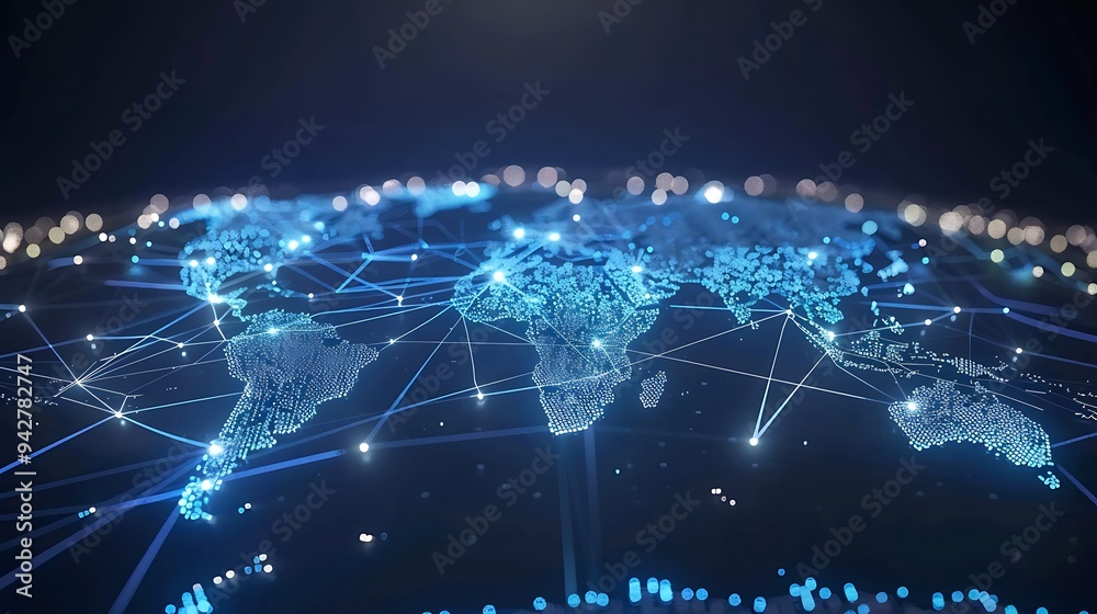 Global Network Connections World Map with Digital Lines and Lights Global Network Connections World Map with Digital Lines and Lights