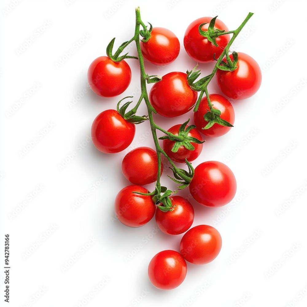 Fresh red cherry tomatoes on vine, isolated on white background.