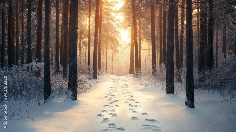 A peaceful snow-covered path stretches through a tranquil forest. Sunlight filters through the trees, creating a warm glow amidst the winter chill. Footprints hint at past visitors A peaceful snow-covered path stretches through a tranquil forest. Sunlight filters through the trees, creating a warm glow amidst the winter chill. Footprints hint at past visitors