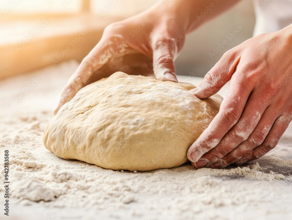 A close-up of hands kneading dough on a floured surface, showcasing the art of bread making and culinary craftsmanship. A close-up of hands kneading dough on a floured surface, showcasing the art of bread making and culinary craftsmanship.