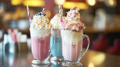 Three Colorful Milkshakes with Whipped Cream and Toppings photo