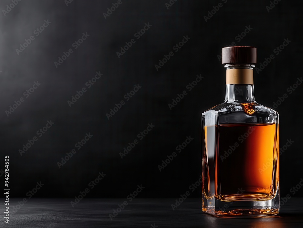 Elegant glass bottle filled with amber liquor, set against a dark backdrop, perfect for showcasing spirits or bar themes. Elegant glass bottle filled with amber liquor, set against a dark backdrop, perfect for showcasing spirits or bar themes.