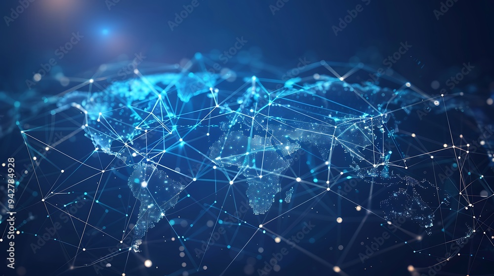 Obraz premium Global Network Connections Digital World Map with Lines and Dots