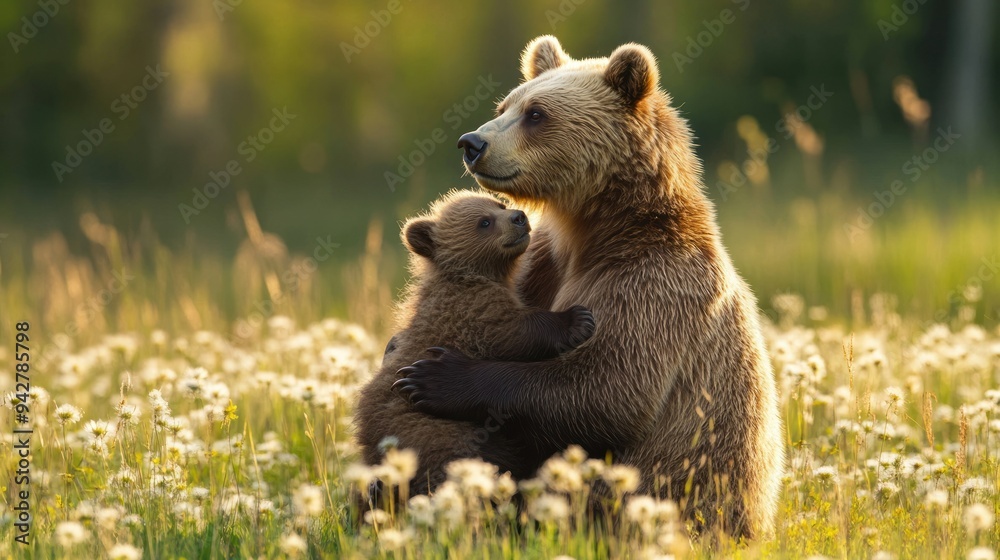 Fototapeta premium Mother Bear Protecting her Cub in a Field of Flowers