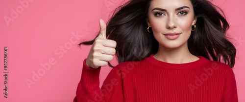  cool brunette lady show thumb up wear red sweater