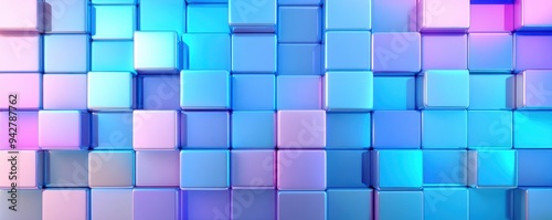 A vibrant arrangement of 3D cubes showcasing a blend of soft blue and pink colors, creating a modern and dynamic visual effect.