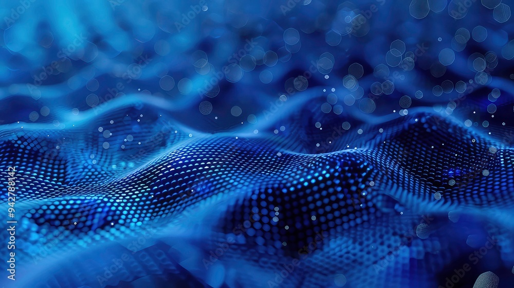 Abstract blue background with dots and bokeh lights.