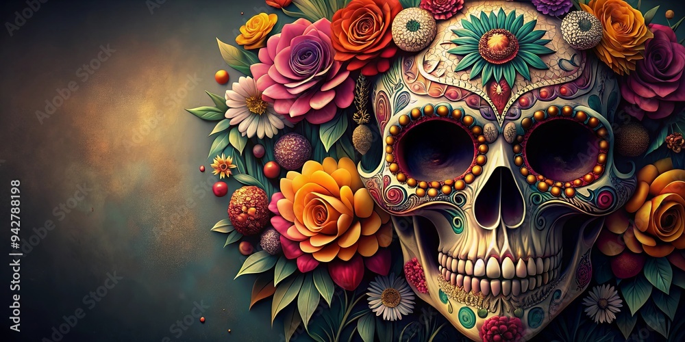 Floral skull design featuring a Day of the Dead sugar skull embrace, perfect for macabre and skull art enthusiasts Floral skull design featuring a Day of the Dead sugar skull embrace, perfect for macabre and skull art enthusiasts