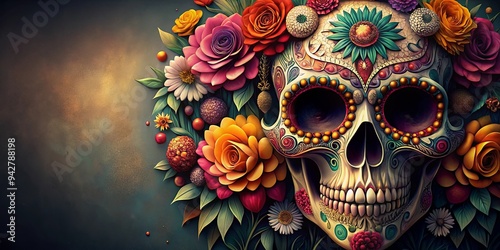 Floral skull design featuring a Day of the Dead sugar skull embrace, perfect for macabre and skull art enthusiasts