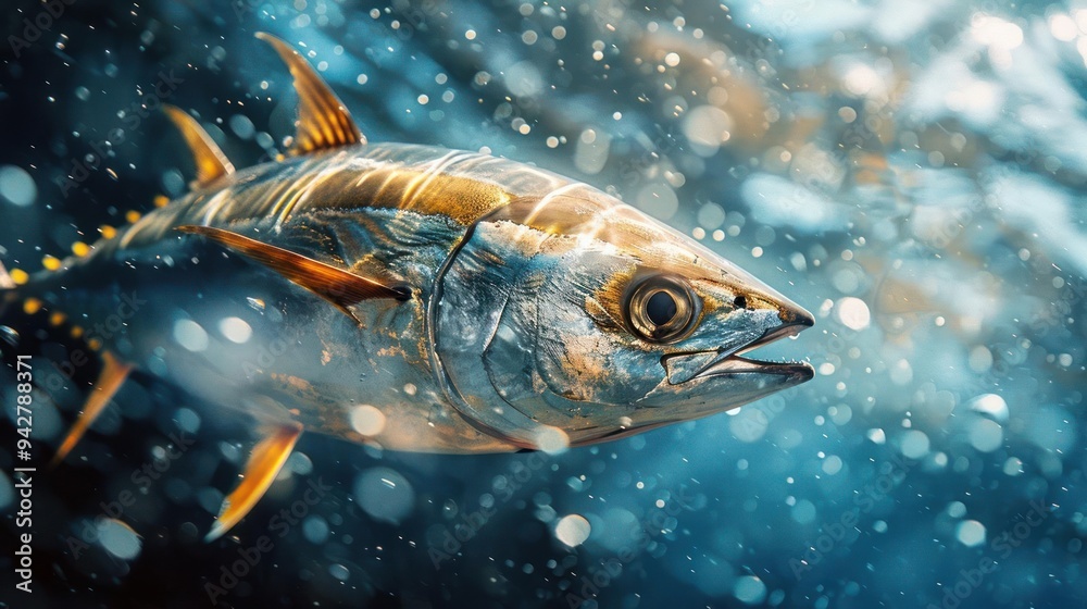 Naklejka premium A vibrant yellow fish with red fins in a clear, sparkling ocean.