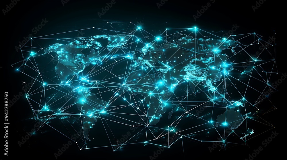 Global Network Connection Abstract World Map with Blue Lines and Glowing Dots Global Network Connection Abstract World Map with Blue Lines and Glowing Dots
