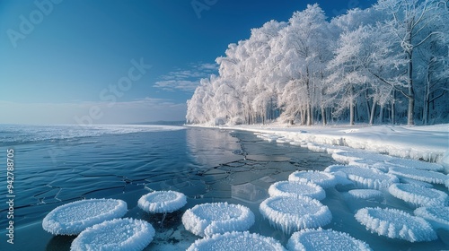 Frozen Lake with Icy Shoreline and Trees in Winter photo