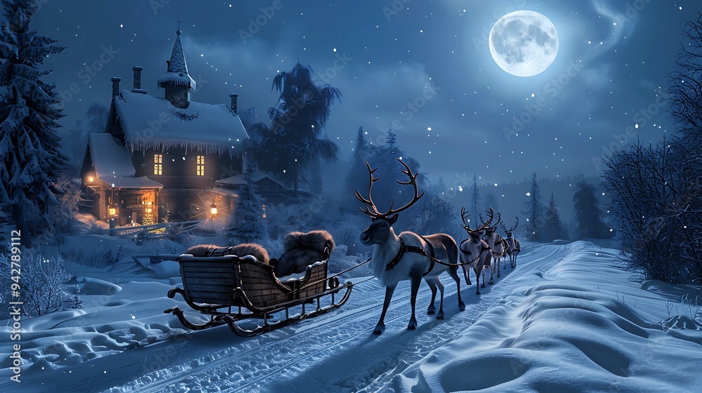 Sleighs on a farm with reindeer at night time Sleighs on a farm with reindeer at night time