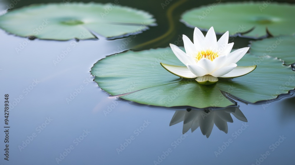 Beautiful white lotus flower blooms gracefully on serene water surrounded by green leaves, reflecting tranquility and nature's elegance. Beautiful white lotus flower blooms gracefully on serene water surrounded by green leaves, reflecting tranquility and nature's elegance.