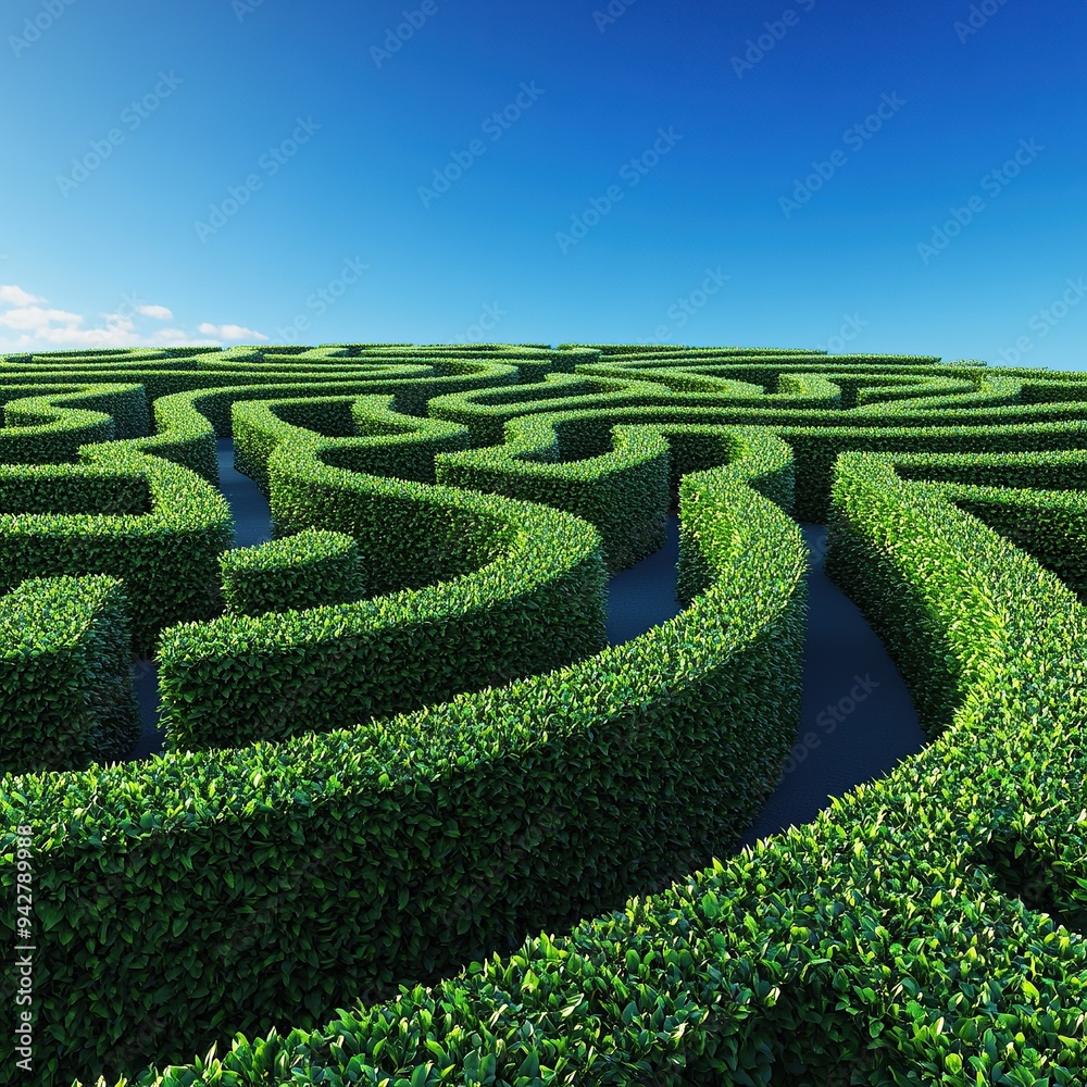 A photo of an endless hedge maze, with a clear blue sky in the background A photo of an endless hedge maze, with a clear blue sky in the background