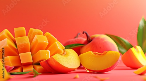 Slices of mango fruit and a vividly colored peach against a coral background