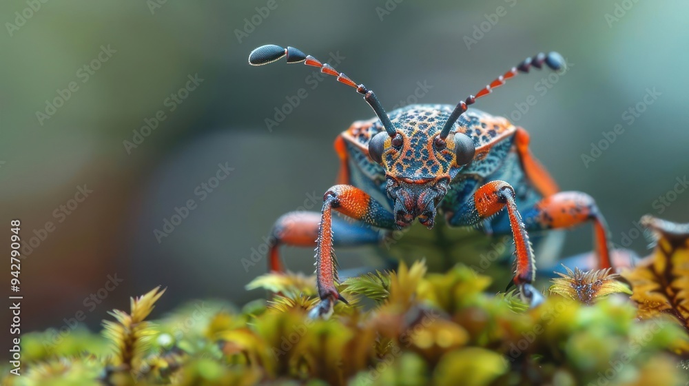 Fototapeta premium A red and blue bug on a moss covered ground.