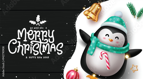 Merry christmas and happy new year greeting vector banner design. Merry christmas greeting text with cute reindeer character lying in snow and xmas decoration elements in frost ice black wooden 