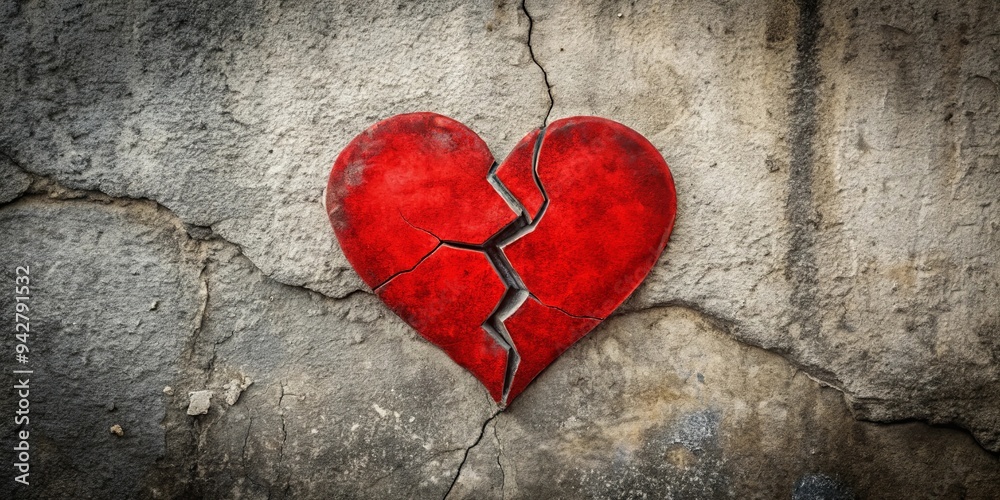 Broken heart painted on a cracked wall, symbolizing lost relationships and love lost Broken heart painted on a cracked wall, symbolizing lost relationships and love lost