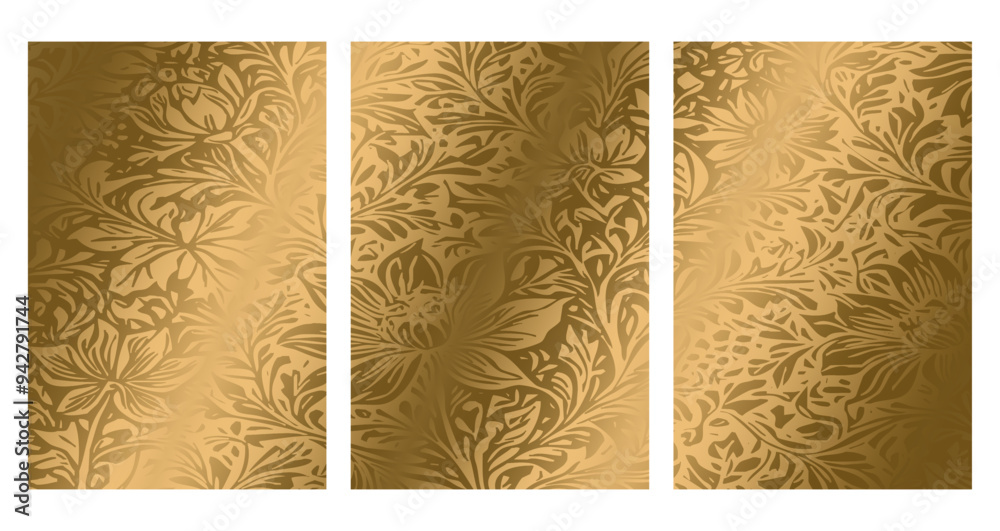 Set of 3 Luxurious golden botanical background. Printable wallpapers, covers, wall art, greeting card, wedding cards, invitations.