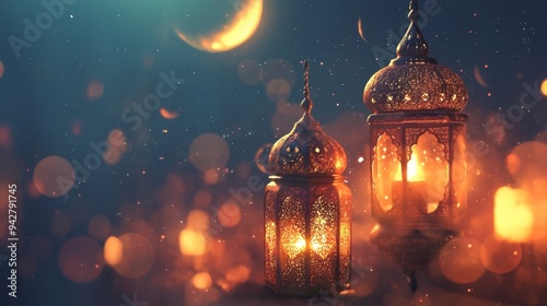 Elegant 3D Rendered Ramadan Lantern Decorations: Festive Cultural Background for Marketing and Celebrations. Abstract Artistic Design with Minimalist Composition and Copy Space. Ideal for Seasonal Pro