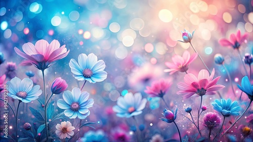 Abstract dreamy background featuring pink and blue blurred flowers, creating a bokeh floral art masterpiece