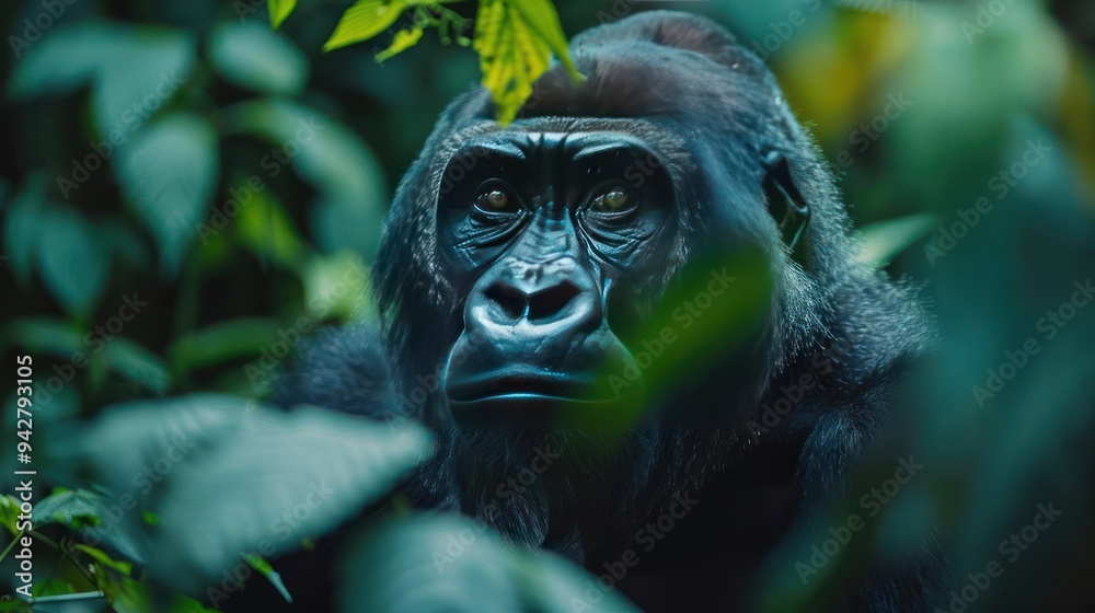 Gorilla in the jungle among lush green foliage. Gorilla in the jungle among lush green foliage.