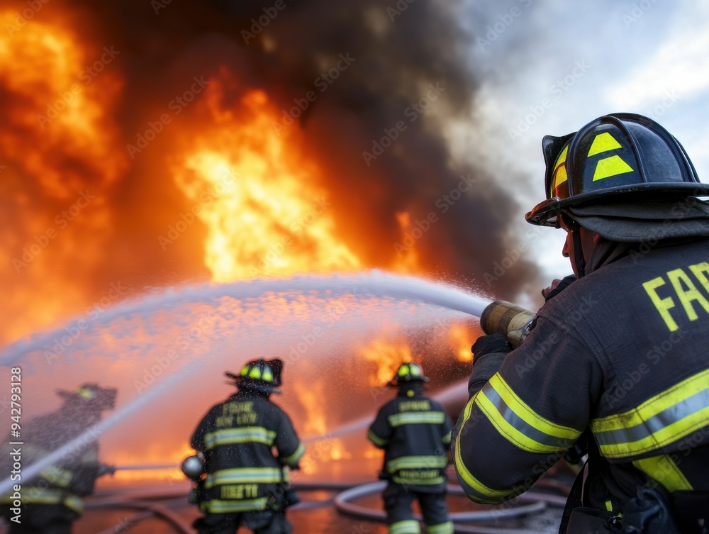 Fototapeta premium Firefighters battle a large blaze, showcasing teamwork and bravery in a dangerous environment filled with smoke and flames.