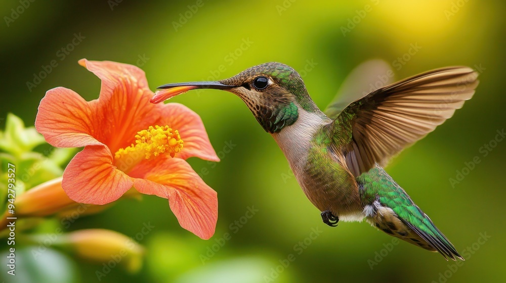 Fototapeta premium Hummingbird Feeding from a Bright Orange Flower