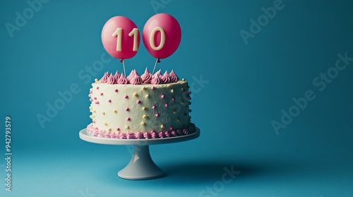 A birthday cake with two pink balloons on top and the number 110 on the cake