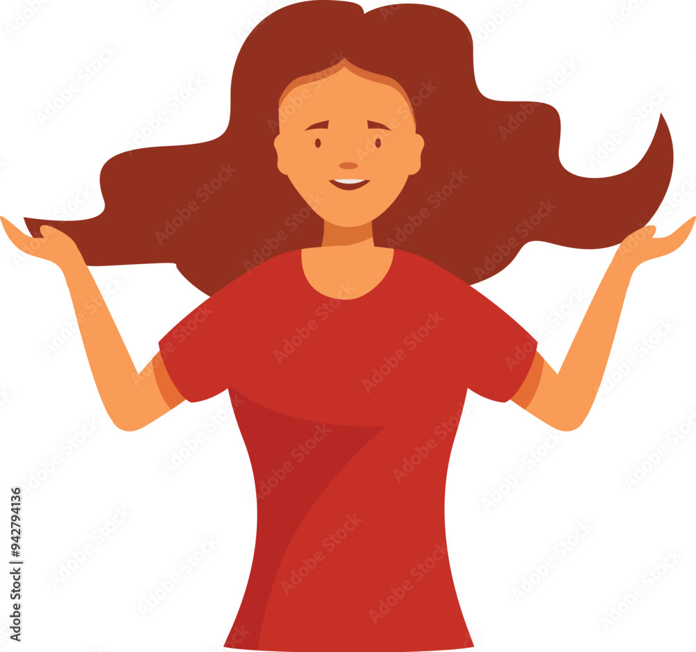 Happy young woman with long brown hair is gesturing with her hands and smiling Happy young woman with long brown hair is gesturing with her hands and smiling