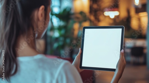 Woman Holding Tablet with Blank Screen