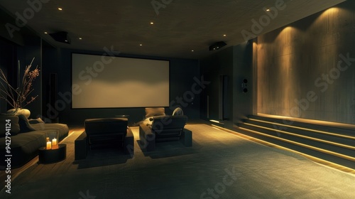 Modern Home Theater with Reclining Seats and Ambient Lighting photo