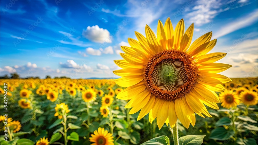 Vibrant sunflower blooming in a sunny field, showcasing its yellow petals and vibrant beauty Vibrant sunflower blooming in a sunny field, showcasing its yellow petals and vibrant beauty