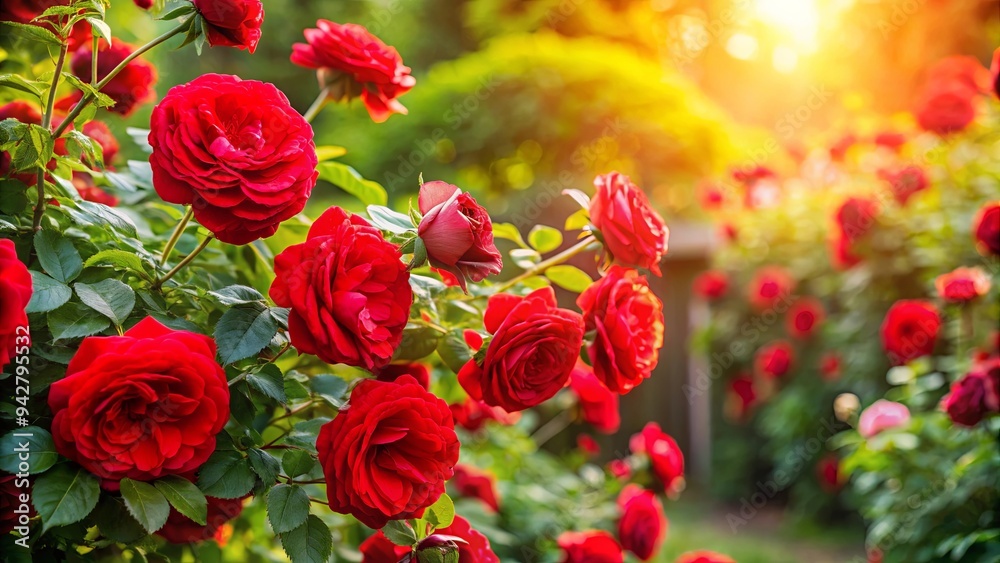 Vibrant red rose bush blooming in the sunlight in a garden setting Vibrant red rose bush blooming in the sunlight in a garden setting