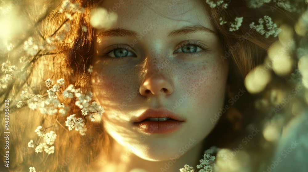 Close-up Portrait of a Young Woman with Red Hair and Freckles Surrounded by White Flowers