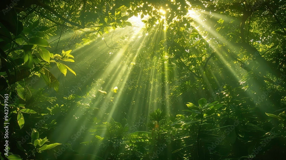 Obraz premium Sunlight filtering through a dense canopy of green leaves, creating a magical atmosphere.