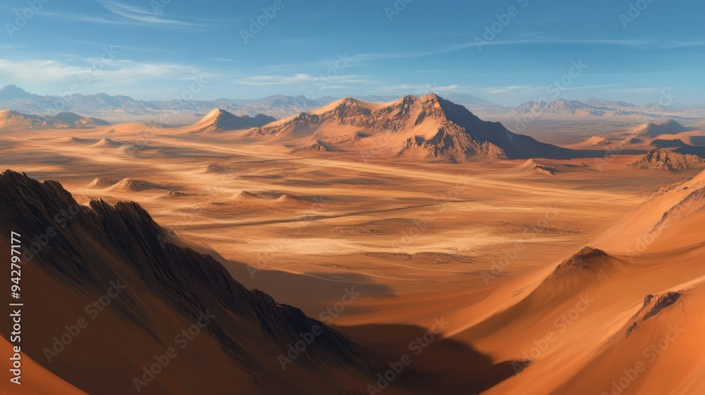 Naklejka premium Expansive Desert Landscape with Rugged Mountains under a Clear Blue Sky